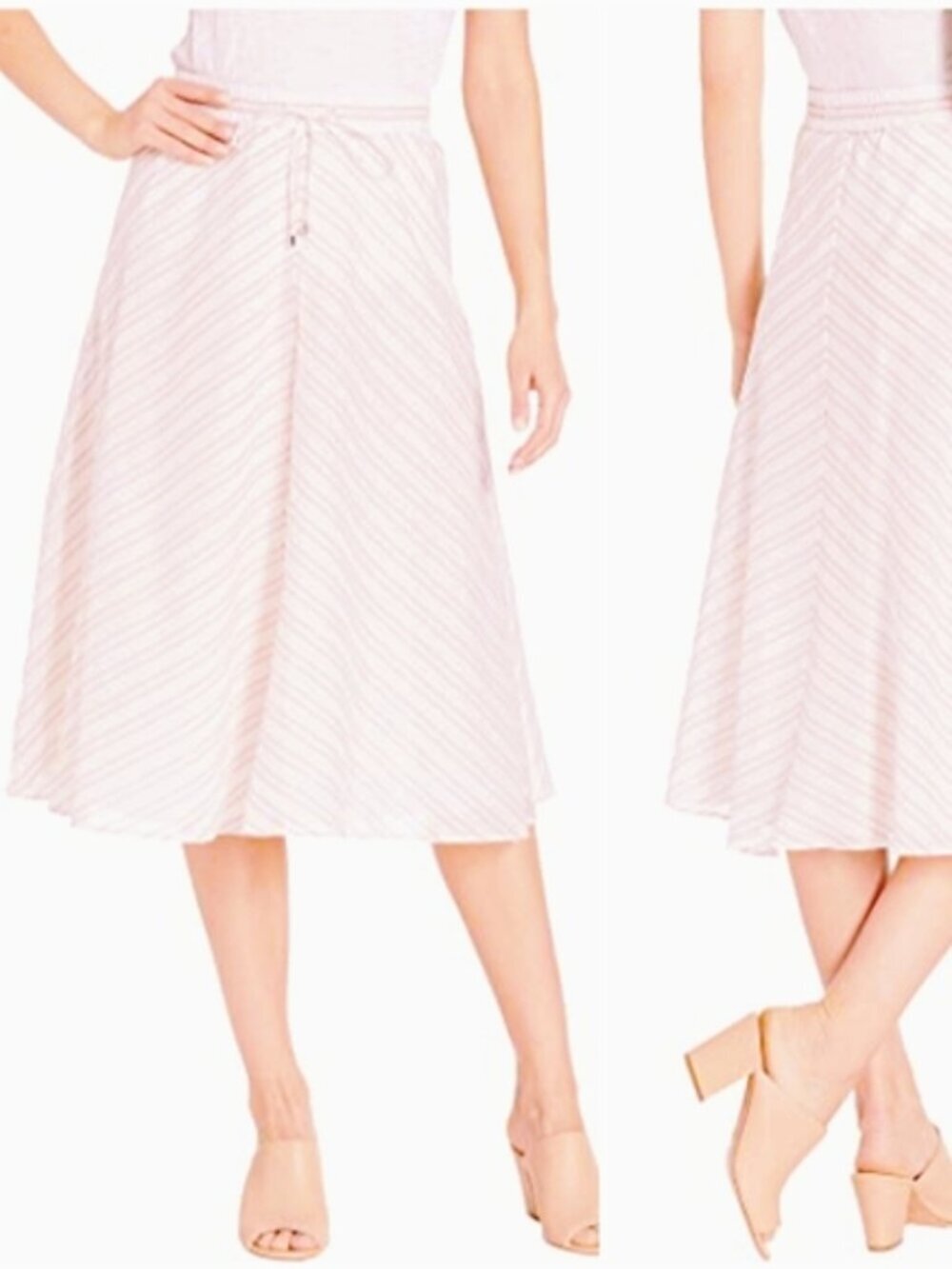 Lauren by Ralph Lauren White & Pink Striped Cotton Midi Skirt